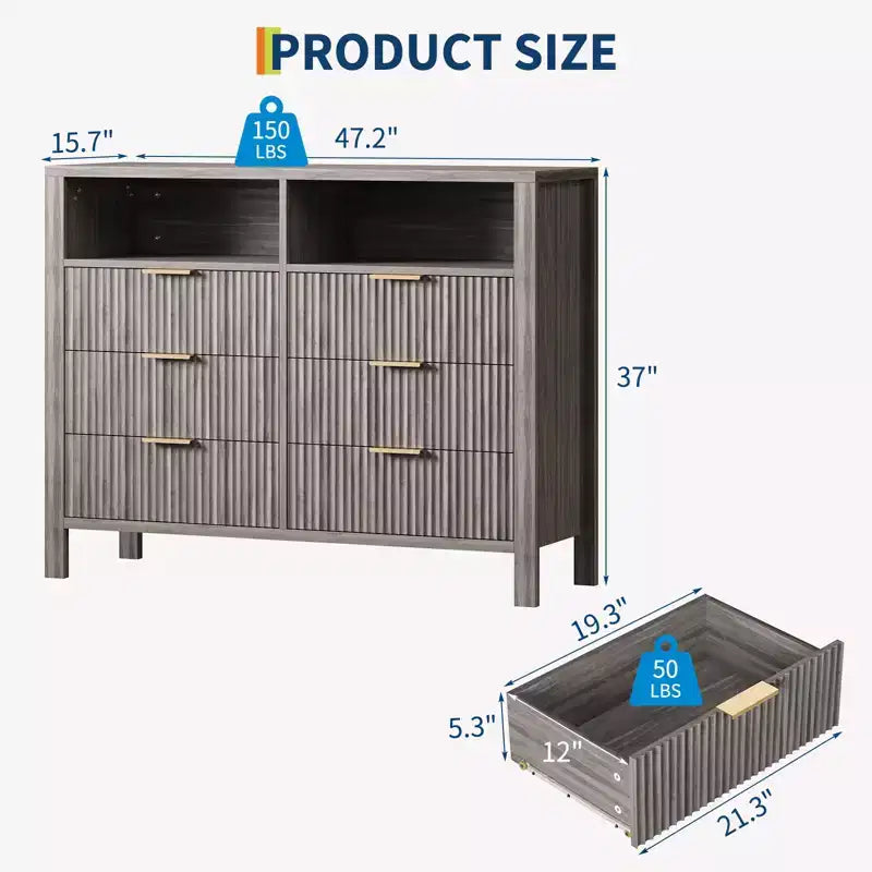 Commode à 6 tiroirs cannelés pour chambre à coucher, Grande commode large avec organisateur de rangement, Meuble TV tiroir de placard de style moderne du milieu du siècle pour salon