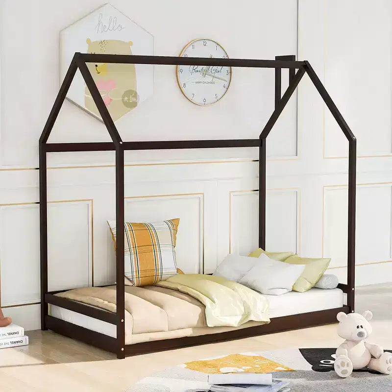 Lit plate-forme double/double, lit au sol en bois, cadre de lit en forme de maison avec toit pour chambre d'adolescents garçons filles (lattes non incluses)