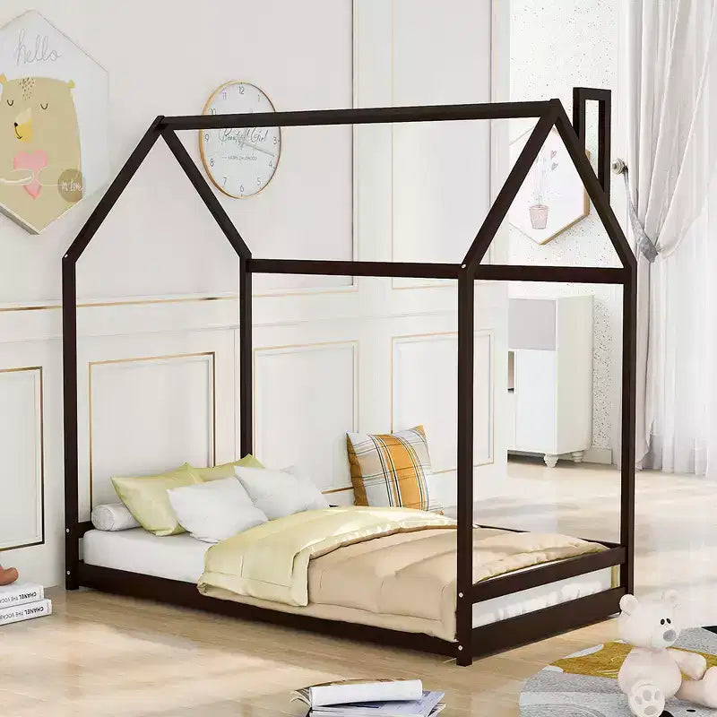 Lit plate-forme double/double, lit au sol en bois, cadre de lit en forme de maison avec toit pour chambre d'adolescents garçons filles (lattes non incluses)