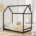 Lit plate-forme double/double, lit au sol en bois, cadre de lit en forme de maison avec toit pour chambre d'adolescents garçons filles (lattes non incluses)