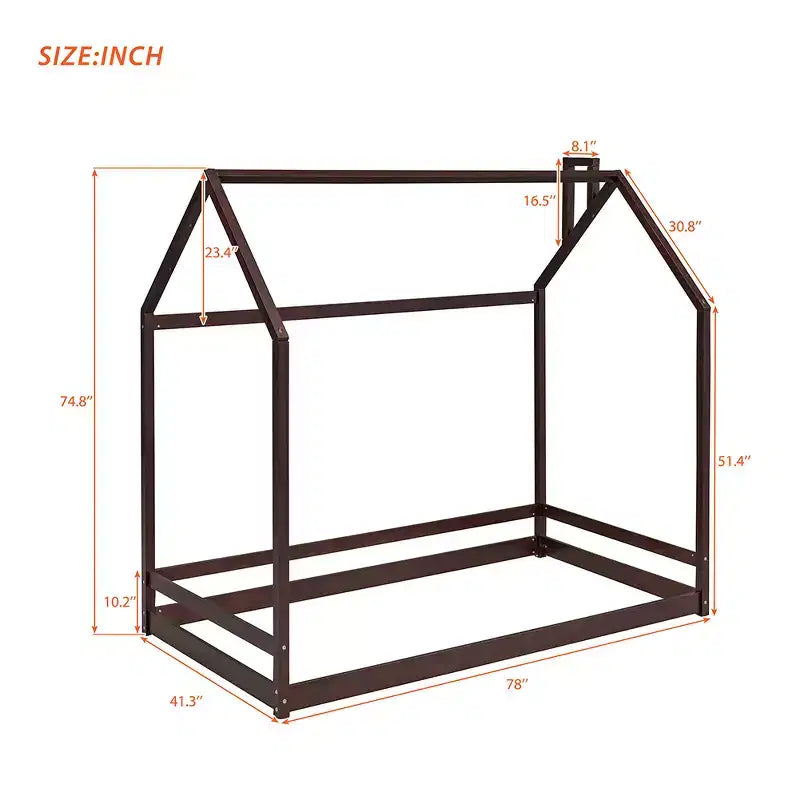 Lit plate-forme double/double, lit au sol en bois, cadre de lit en forme de maison avec toit pour chambre d'adolescents garçons filles (lattes non incluses)