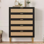 Rattan 5 Drawer Dresser, 44'' Tall Narrow Chest of Drawer, Farmhouse Wooden Storage Cabinet with Metal Legs and Handles, Modern Dresser for Bedroom