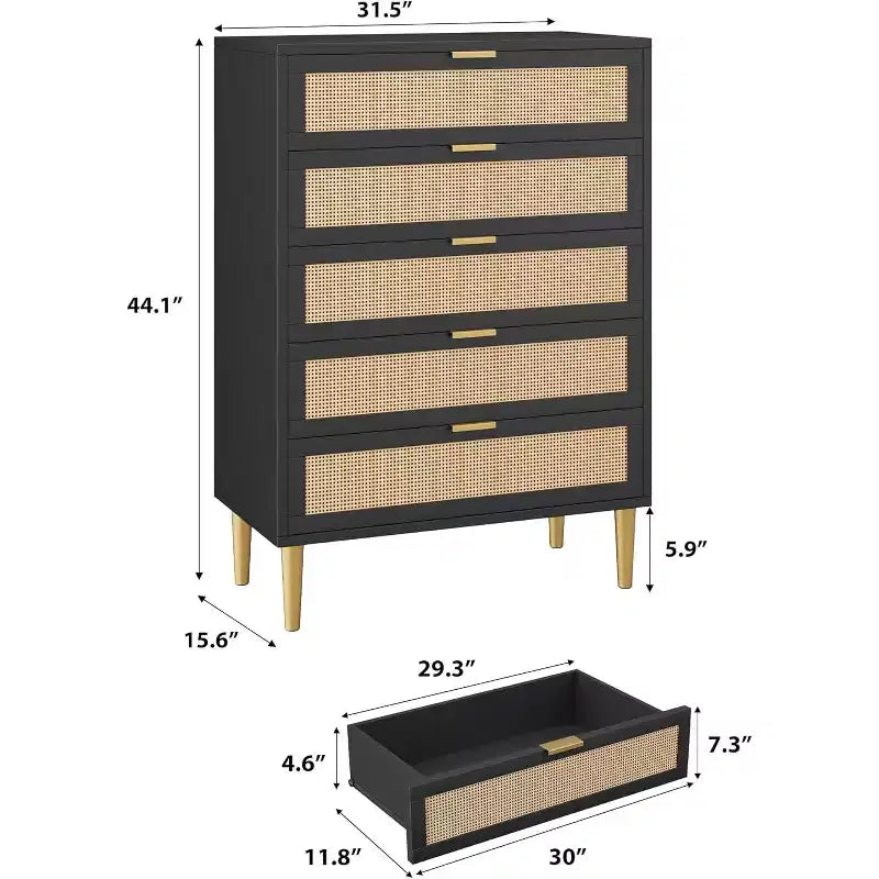 Commode 5 tiroirs en rotin, Chiffonnier étroit de 112 cm de haut, Meuble de rangement en bois style ferme avec pieds et poignées en métal, Commode moderne pour chambre à coucher