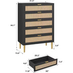 Commode 5 tiroirs en rotin, Chiffonnier étroit de 112 cm de haut, Meuble de rangement en bois style ferme avec pieds et poignées en métal, Commode moderne pour chambre à coucher