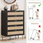 Commode 5 tiroirs en rotin, Chiffonnier étroit de 112 cm de haut, Meuble de rangement en bois style ferme avec pieds et poignées en métal, Commode moderne pour chambre à coucher