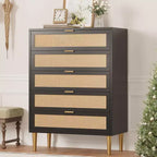 Commode 5 tiroirs en rotin, Chiffonnier étroit de 112 cm de haut, Meuble de rangement en bois style ferme avec pieds et poignées en métal, Commode moderne pour chambre à coucher