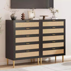 Commode 5 tiroirs en rotin, Chiffonnier étroit de 112 cm de haut, Meuble de rangement en bois style ferme avec pieds et poignées en métal, Commode moderne pour chambre à coucher