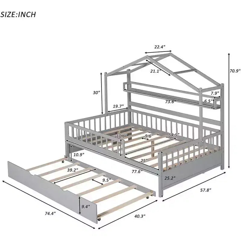 Cadre de lit maison pleine grandeur Acekool pour enfants avec tiroirs de rangement, rails de sécurité, toit design, lit cabane, blanc