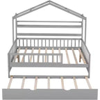 Cadre de lit maison pleine grandeur Acekool pour enfants avec tiroirs de rangement, rails de sécurité, toit design, lit cabane, blanc