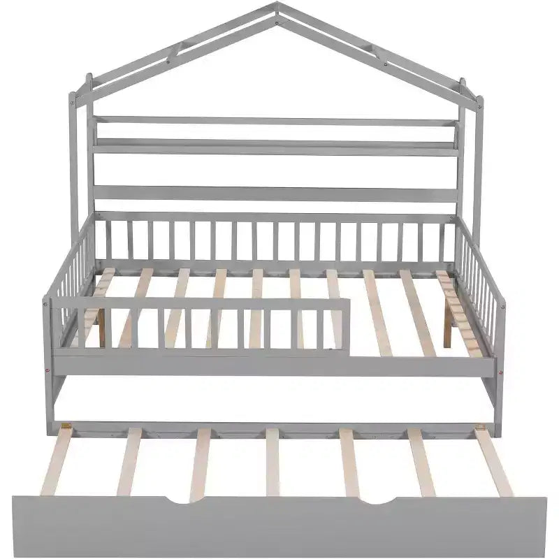 Cadre de lit maison pleine grandeur Acekool pour enfants avec tiroirs de rangement, rails de sécurité, toit design, lit cabane, blanc