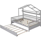 Cadre de lit maison pleine grandeur Acekool pour enfants avec tiroirs de rangement, rails de sécurité, toit design, lit cabane, blanc