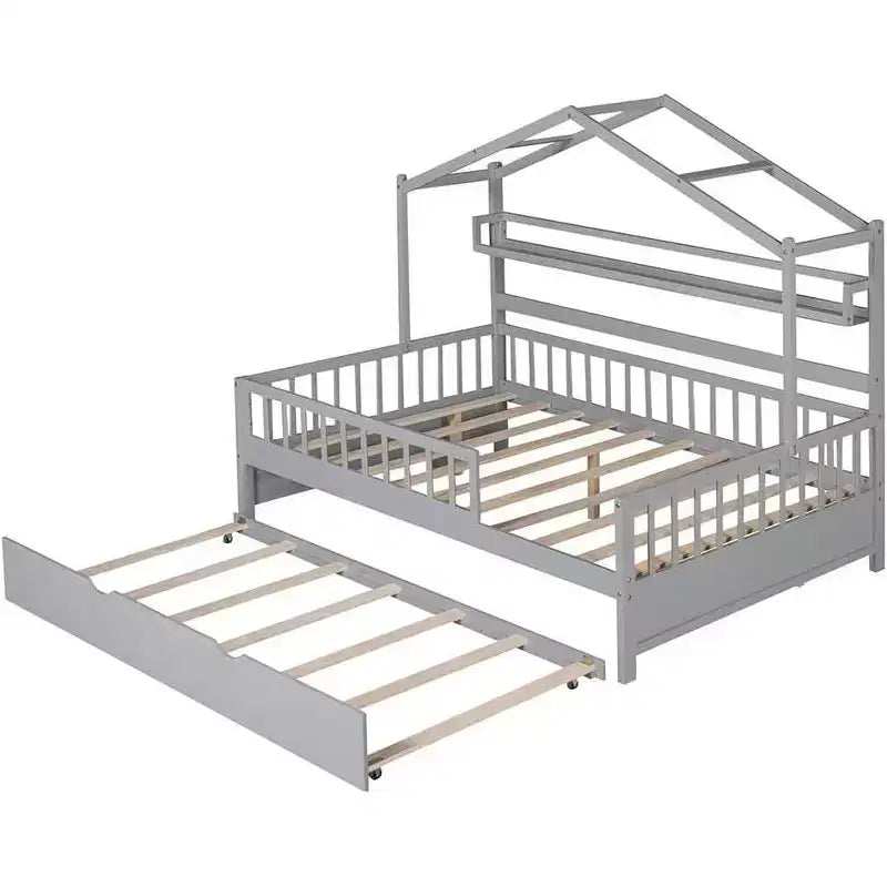 Cadre de lit maison pleine grandeur Acekool pour enfants avec tiroirs de rangement, rails de sécurité, toit design, lit cabane, blanc