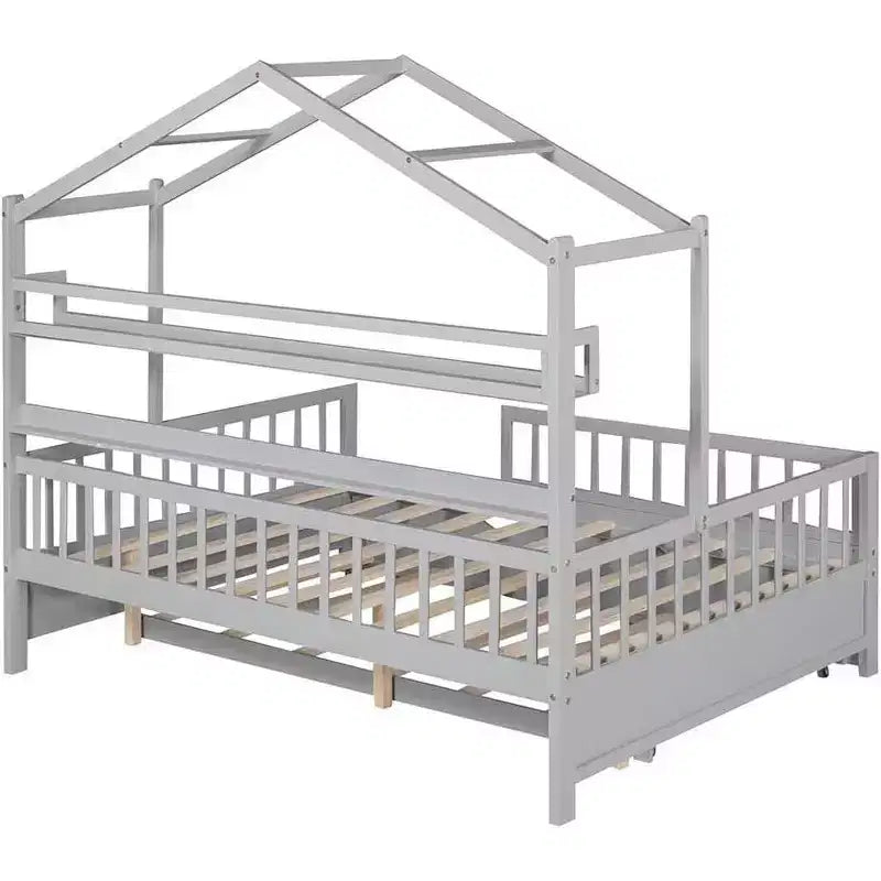 Cadre de lit maison pleine grandeur Acekool pour enfants avec tiroirs de rangement, rails de sécurité, toit design, lit cabane, blanc