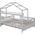 Cadre de lit maison pleine grandeur Acekool pour enfants avec tiroirs de rangement, rails de sécurité, toit design, lit cabane, blanc