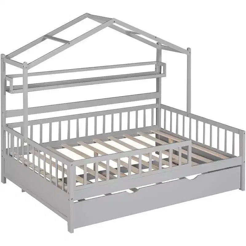 Cadre de lit maison pleine grandeur Acekool pour enfants avec tiroirs de rangement, rails de sécurité, toit design, lit cabane, blanc