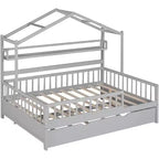 Cadre de lit maison pleine grandeur Acekool pour enfants avec tiroirs de rangement, rails de sécurité, toit design, lit cabane, blanc