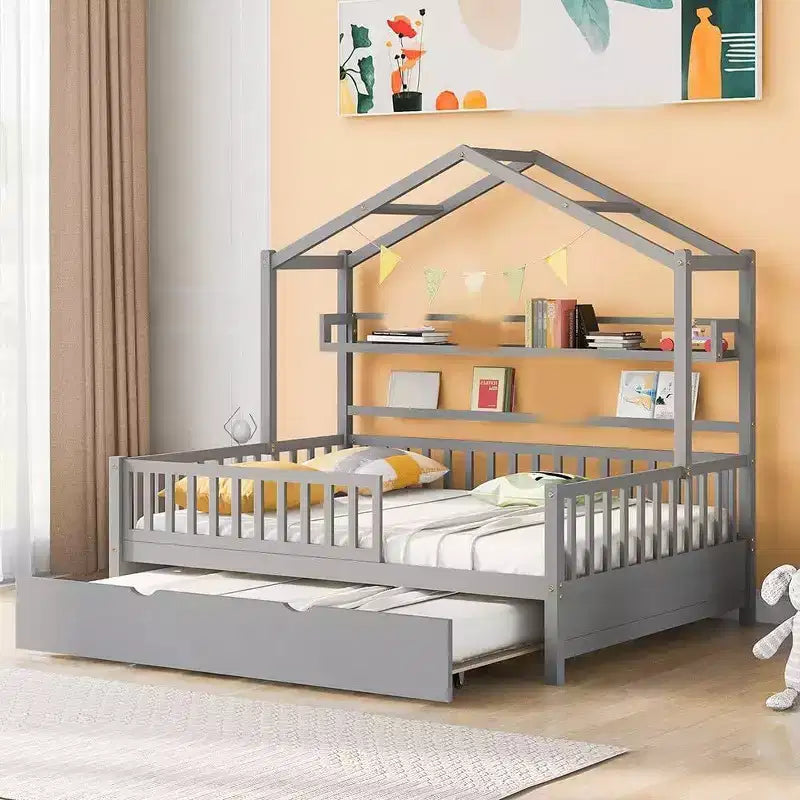 Cadre de lit maison pleine grandeur Acekool pour enfants avec tiroirs de rangement, rails de sécurité, toit design, lit cabane, blanc