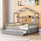 Cadre de lit maison pleine grandeur Acekool pour enfants avec tiroirs de rangement, rails de sécurité, toit design, lit cabane, blanc