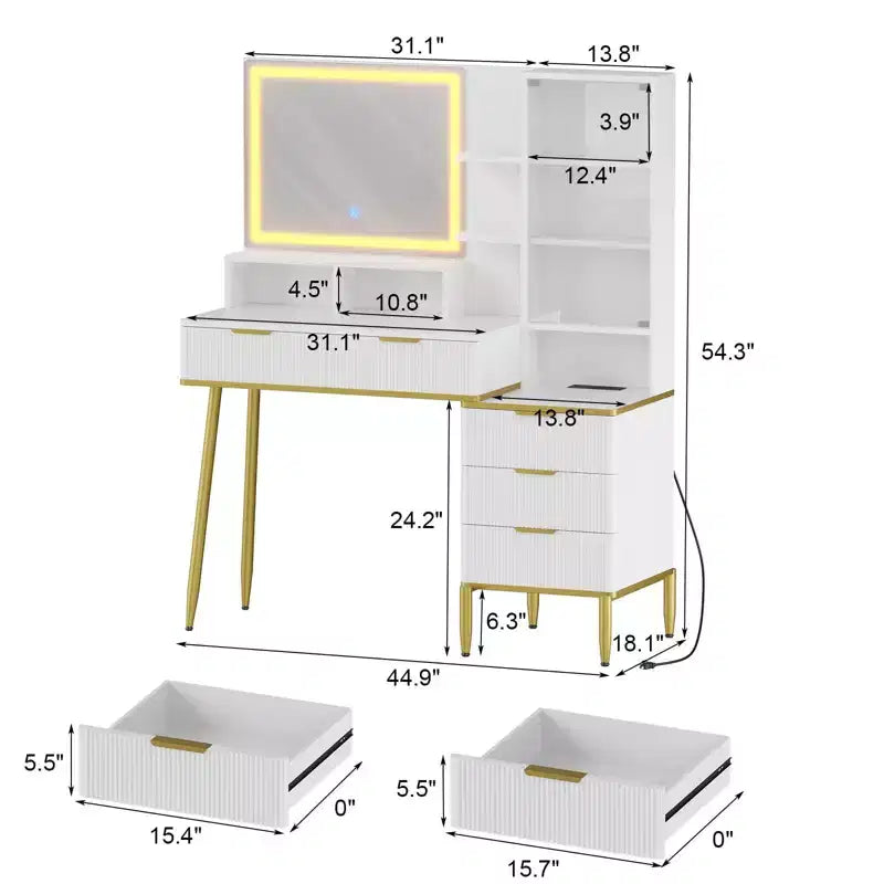 GustoWave Coiffeuse à volutes avec miroir et lumières, coiffeuse avec 5 tiroirs, éclairage réglable en 3 couleurs, prise de courant, table de maquillage