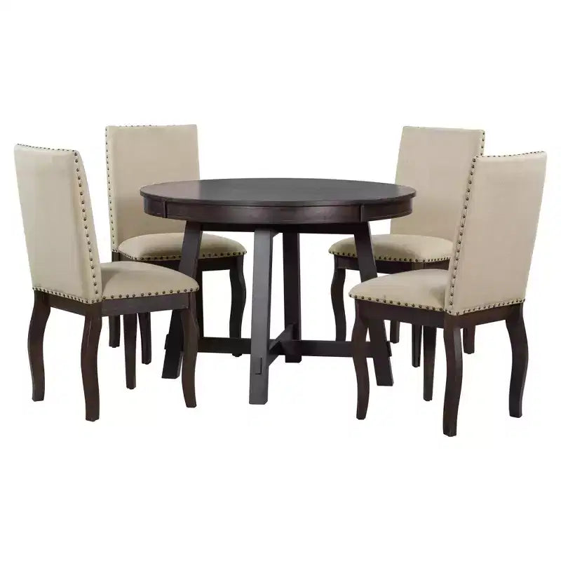 Ensemble de salle à manger 5 pièces style ferme, table à manger ronde extensible en bois et 4 chaises rembourrées