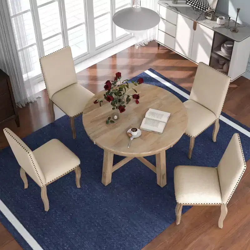 Ensemble de salle à manger 5 pièces style ferme, table à manger ronde extensible en bois et 4 chaises rembourrées