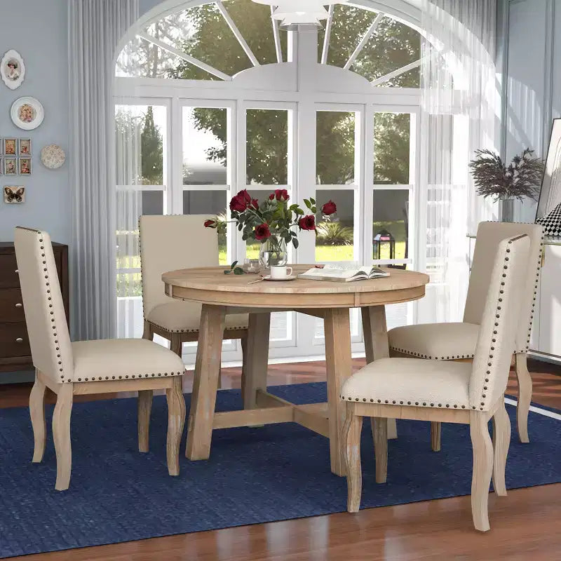 Ensemble de salle à manger 5 pièces style ferme, table à manger ronde extensible en bois et 4 chaises rembourrées