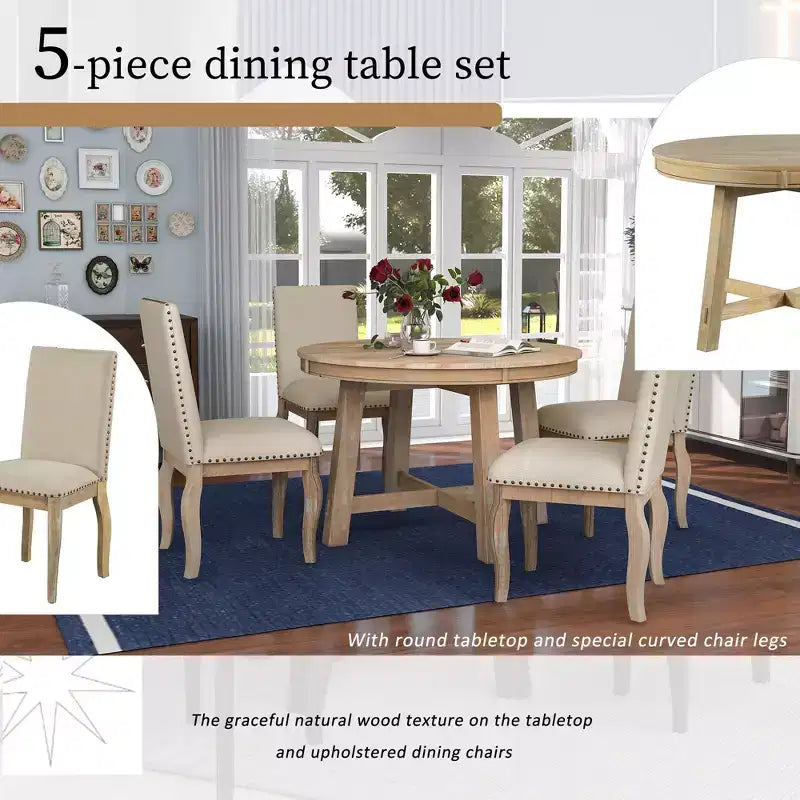 Ensemble de salle à manger 5 pièces style ferme, table à manger ronde extensible en bois et 4 chaises rembourrées