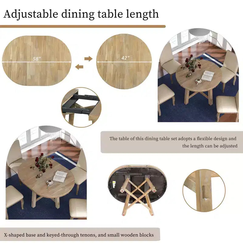 Ensemble de salle à manger 5 pièces style ferme, table à manger ronde extensible en bois et 4 chaises rembourrées