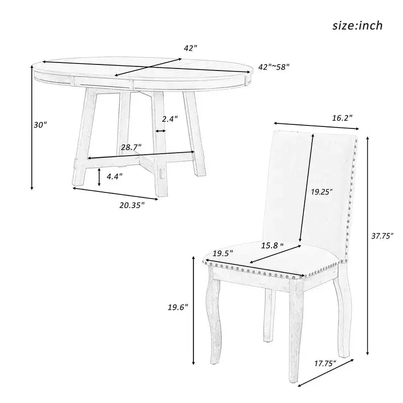 Ensemble de salle à manger 5 pièces style ferme, table à manger ronde extensible en bois et 4 chaises rembourrées