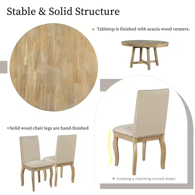 Ensemble de salle à manger 5 pièces style ferme, table à manger ronde extensible en bois et 4 chaises rembourrées