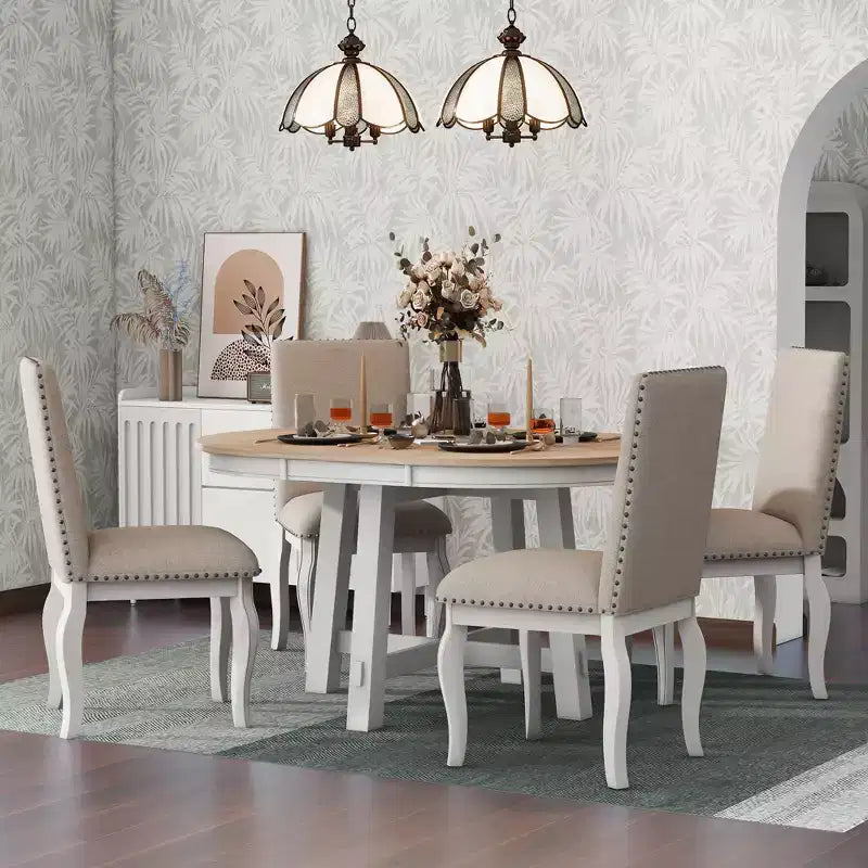 Ensemble de salle à manger 5 pièces style ferme, table à manger ronde extensible en bois et 4 chaises rembourrées