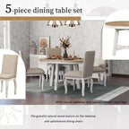 Ensemble de salle à manger 5 pièces style ferme, table à manger ronde extensible en bois et 4 chaises rembourrées