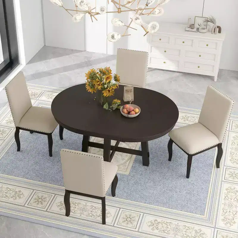 Ensemble de salle à manger 5 pièces style ferme, table à manger ronde extensible en bois et 4 chaises rembourrées