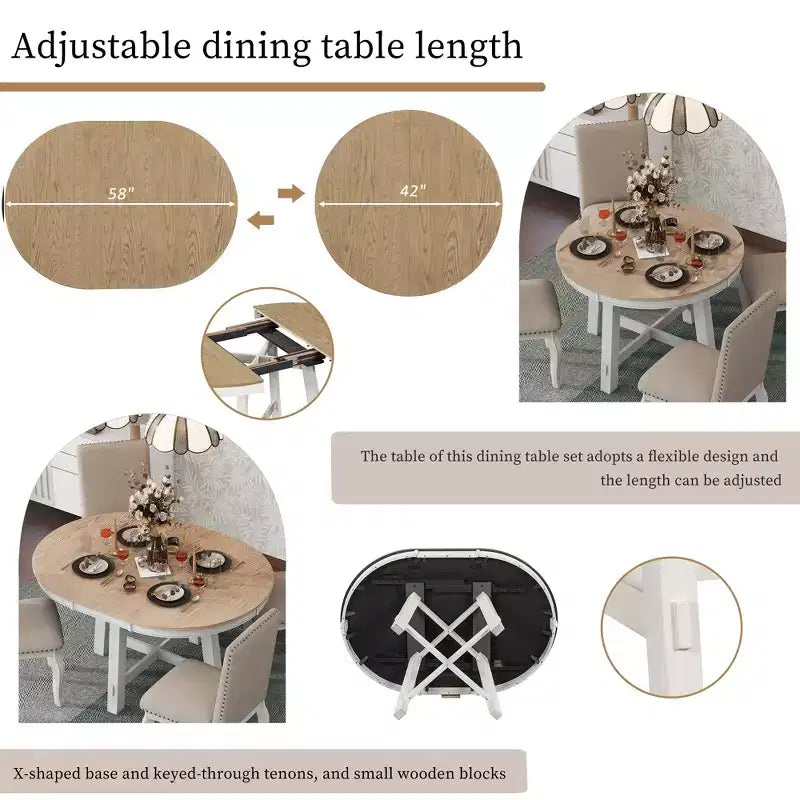 Ensemble de salle à manger 5 pièces style ferme, table à manger ronde extensible en bois et 4 chaises rembourrées