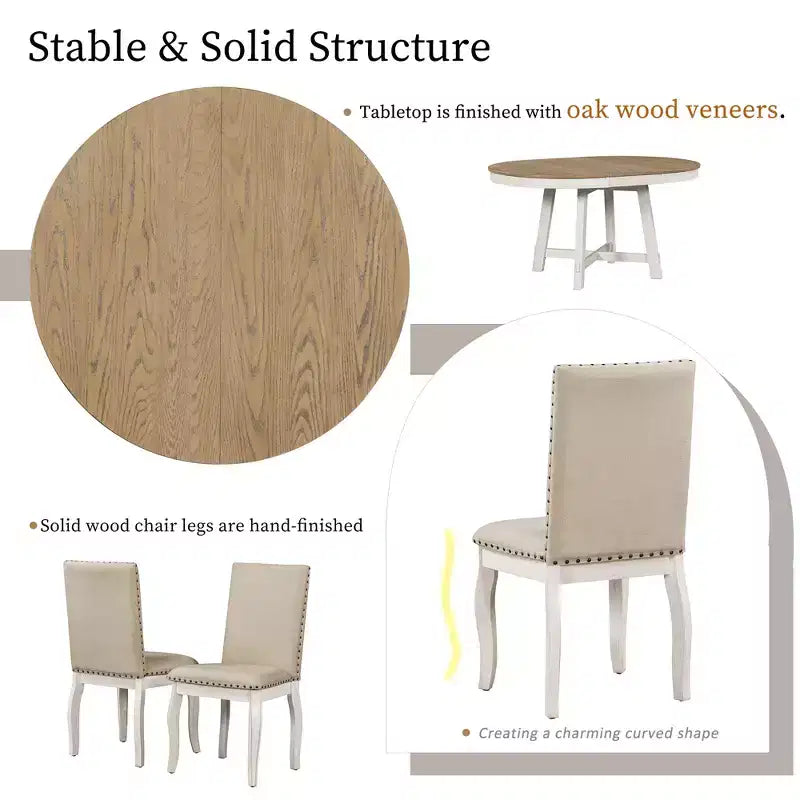 Ensemble de salle à manger 5 pièces style ferme, table à manger ronde extensible en bois et 4 chaises rembourrées