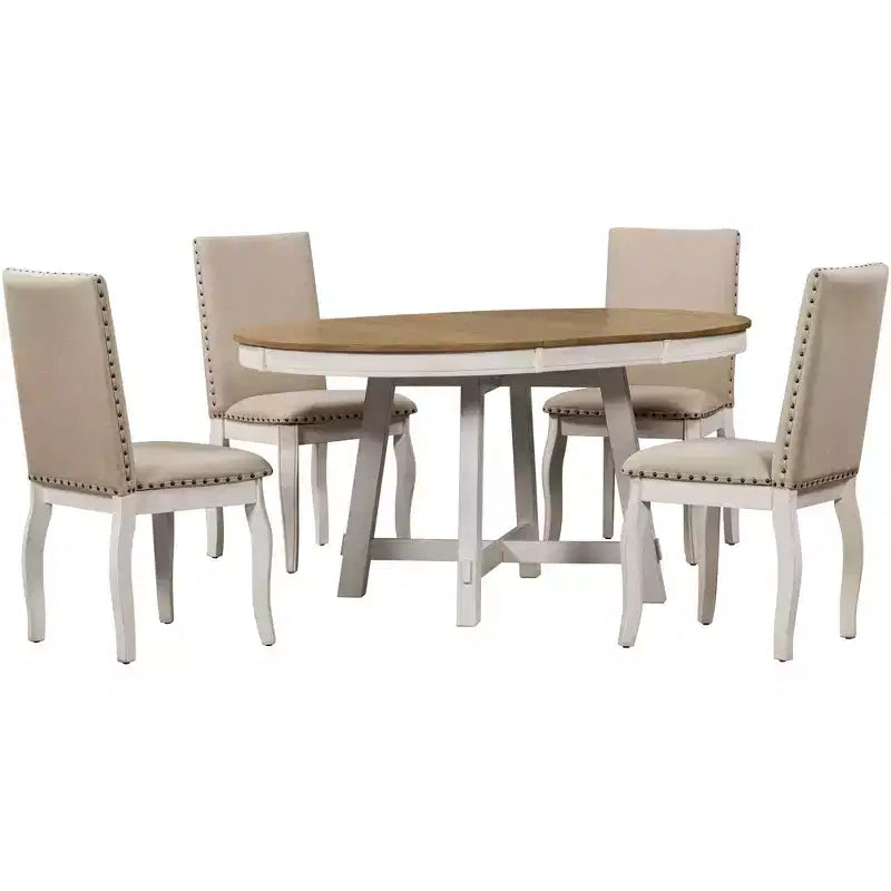 Ensemble de salle à manger 5 pièces style ferme, table à manger ronde extensible en bois et 4 chaises rembourrées