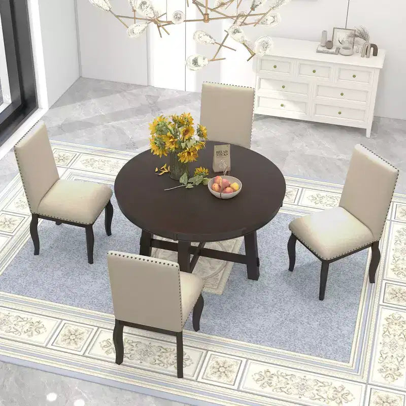 Ensemble de salle à manger 5 pièces style ferme, table à manger ronde extensible en bois et 4 chaises rembourrées