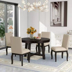 Ensemble de salle à manger 5 pièces style ferme, table à manger ronde extensible en bois et 4 chaises rembourrées