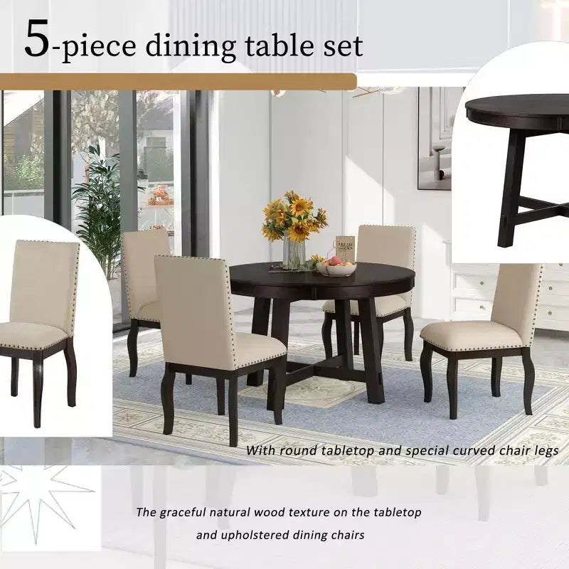 Ensemble de salle à manger 5 pièces style ferme, table à manger ronde extensible en bois et 4 chaises rembourrées