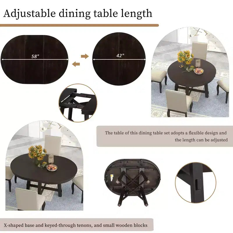 Ensemble de salle à manger 5 pièces style ferme, table à manger ronde extensible en bois et 4 chaises rembourrées