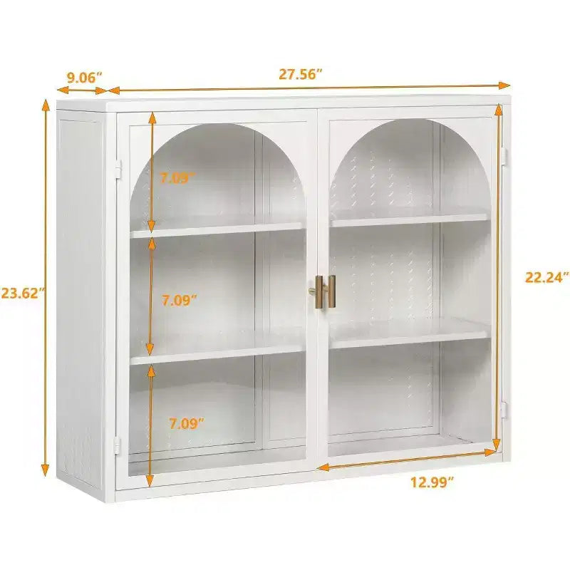 Meuble Mural Double Porte Vitrée 27,56 po, Armoire de Cuisine Vitrine, Style Minimaliste Moderne, Rangement à Trois Niveaux, Fer et Verre Trempé, Montage Facile