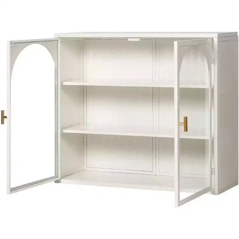 Meuble Mural Double Porte Vitrée 27,56 po, Armoire de Cuisine Vitrine, Style Minimaliste Moderne, Rangement à Trois Niveaux, Fer et Verre Trempé, Montage Facile
