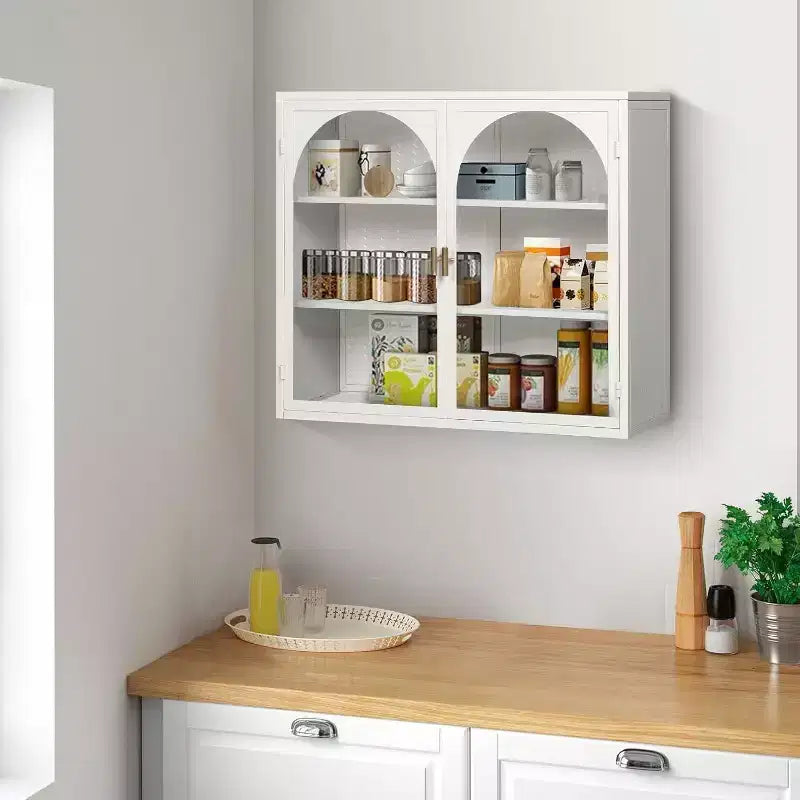 Meuble Mural Double Porte Vitrée 27,56 po, Armoire de Cuisine Vitrine, Style Minimaliste Moderne, Rangement à Trois Niveaux, Fer et Verre Trempé, Montage Facile