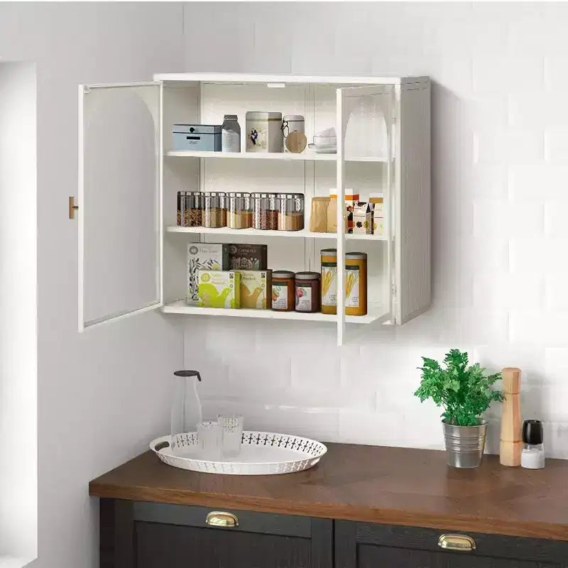 Meuble Mural Double Porte Vitrée 27,56 po, Armoire de Cuisine Vitrine, Style Minimaliste Moderne, Rangement à Trois Niveaux, Fer et Verre Trempé, Montage Facile