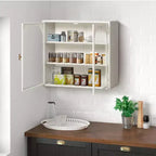 Meuble Mural Double Porte Vitrée 27,56 po, Armoire de Cuisine Vitrine, Style Minimaliste Moderne, Rangement à Trois Niveaux, Fer et Verre Trempé, Montage Facile