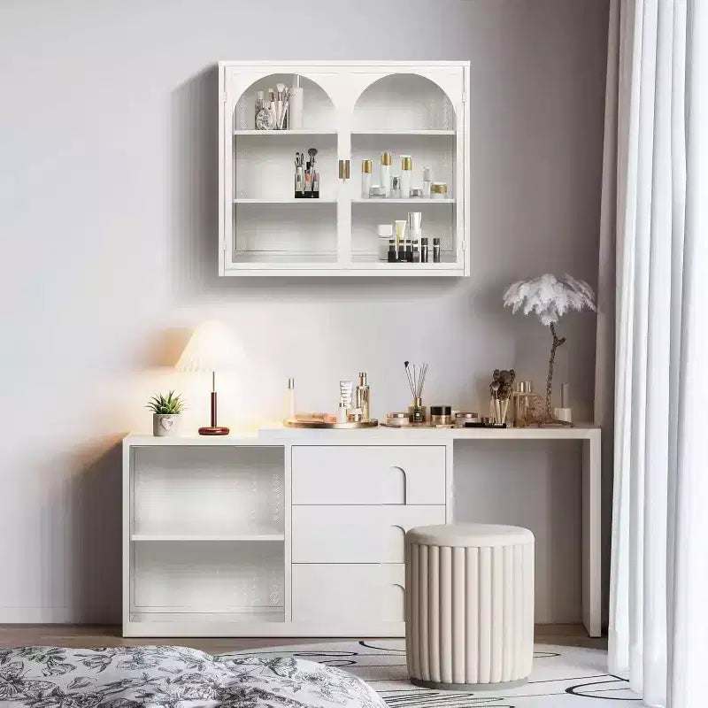Meuble Mural Double Porte Vitrée 27,56 po, Armoire de Cuisine Vitrine, Style Minimaliste Moderne, Rangement à Trois Niveaux, Fer et Verre Trempé, Montage Facile