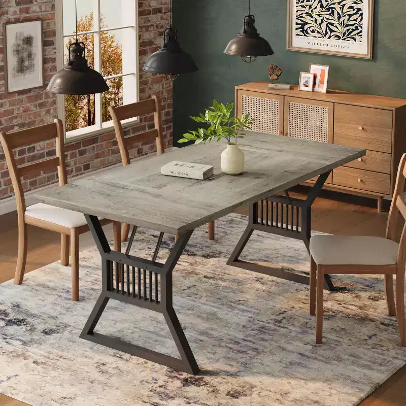 TROPOW Table de salle à manger de 180 cm pour 4 à 6 personnes, table de cuisine avec pieds en métal robustes, table de salle à manger en bois de style ferme, salon.Gris + Noir
