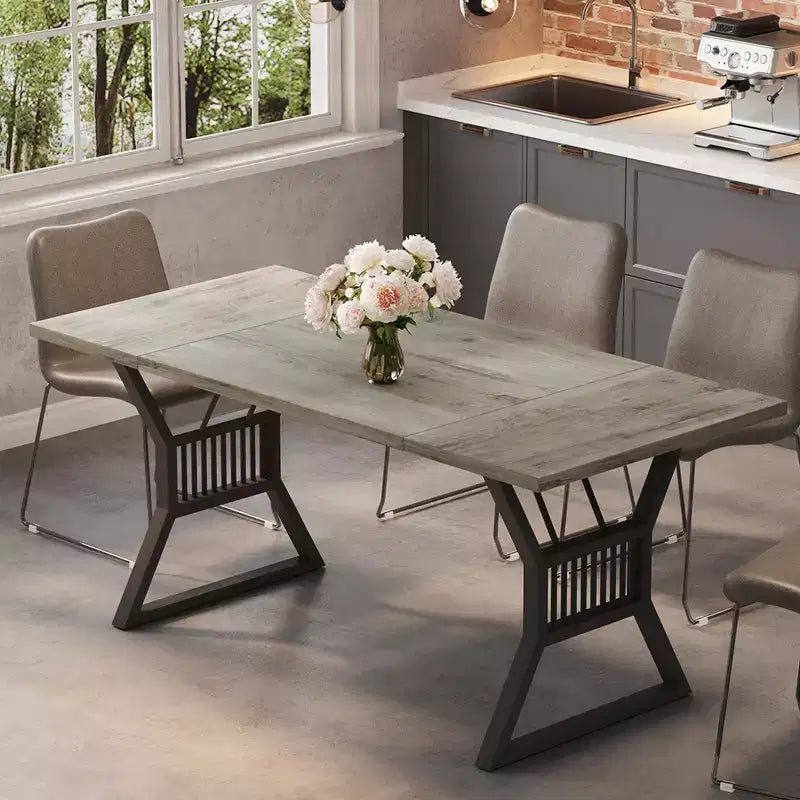 TROPOW Table de salle à manger de 180 cm pour 4 à 6 personnes, table de cuisine avec pieds en métal robustes, table de salle à manger en bois de style ferme, salon.Gris + Noir