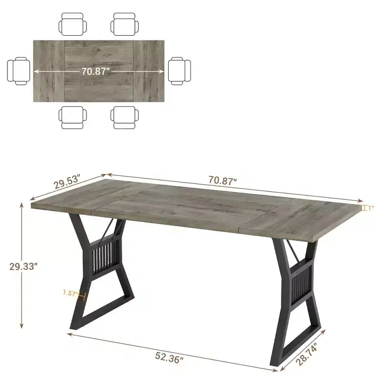 TROPOW Table de salle à manger de 180 cm pour 4 à 6 personnes, table de cuisine avec pieds en métal robustes, table de salle à manger en bois de style ferme, salon.Gris + Noir