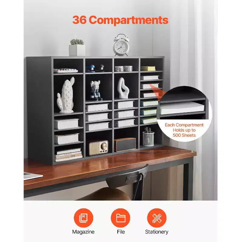 Organisateur de documents VEVOR, casier de bureau à 36 compartiments avec étagères réglables, trieur de courrier en bois MDF, gris